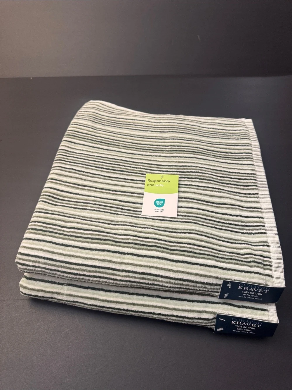 8pc CURATED KRAVET 100% Cotton Green/White Striped Bath Towel Set - Logan